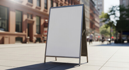 Outdoor mockup of a blank poster displayed on a metal frame along a city sidewalk, realistic urban surroundings