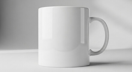 Close-up mockup of a blank ceramic mug, tight framing focusing on the front surface, clean studio background in light gray
