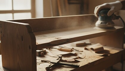Woodworker Refinishing Old Furniture with Electric Sander.