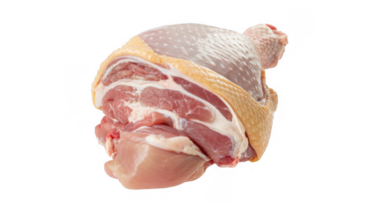 Raw chicken leg with exposed meat isolated on a transparent background
