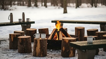 People gather around a fire pit in a snowy forest with wooden logs and benches.