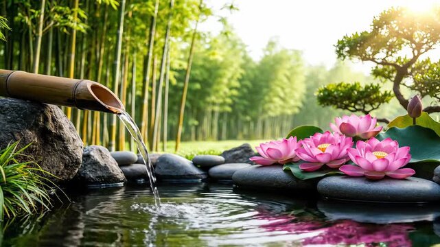 Tranquil Japanese bamboo fountain flowing into a pond with pink lotus flowers and smooth black zen stones in a lush green garden setting.