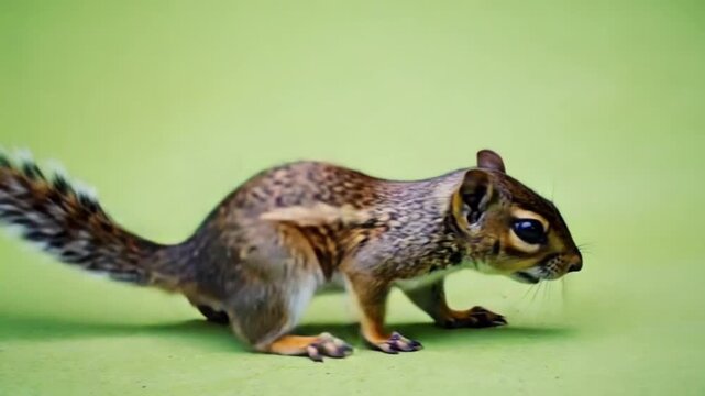 Adorable squirrel standing on green background looking around curiously