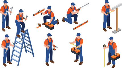 Handyman worker illustration, tool usage, ladder drill, tape measure, spirit level, hedge trimmer, toolbox, isometric vector, construction pose