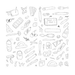 set of artist tool icon in doodle style