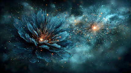 An abstract digital art featuring glowing sparks emanating from a flower-like structure.