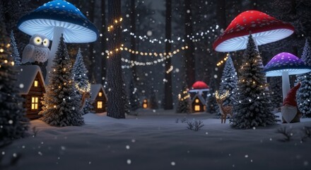 Obraz premium Enchanted Winter Wonderland - A Magical Forest Scene with Glowing Mushrooms.