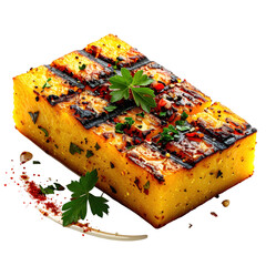 A traditional Romanian Bulz, grilled polenta with cheese and sour cream, presented in a skillet isolated on a white background.