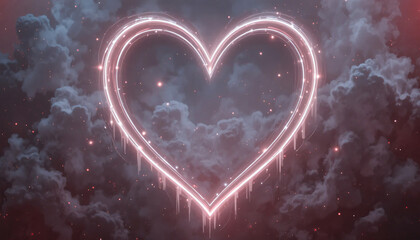 Glowing heart shape in dark cloudy night sky with stars and pink neon light trails with love