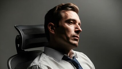 Tired businessman in office chair, head tilted back, eyes closed, exhaustion and stress