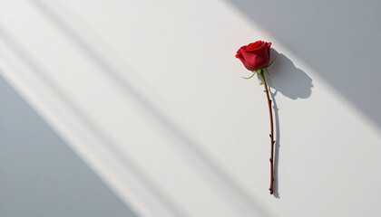 A single red rose on a white background with natural light and shadows, symbolizing love with flower
