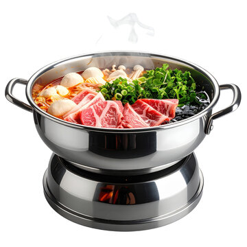 Simmering sukiyaki with raw egg dip and glass noodles, expertly captured and isolated on white background