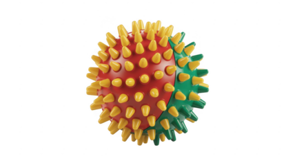 Red and green rubber ball with yellow spikes closeup isolated on a transparent background
