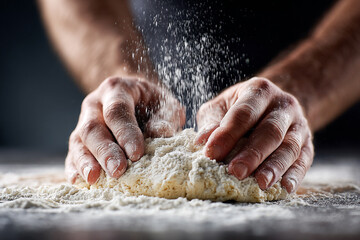 Hands kneading fresh dough with flour on wooden table, artisan baking process, homemade bread preparation, rustic kitchen atmosphere.