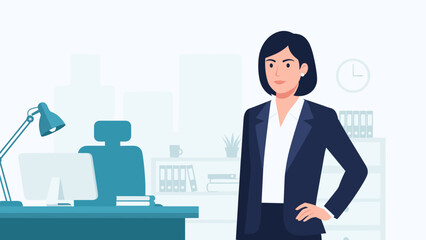 Female Entrepreneur in Office &mdash; Three-Quarter View Flat Vector Illustration with Blue and Teal Professional Palette