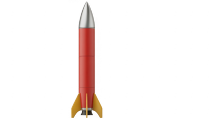 Red and silver rocket with yellow fins isolated on a transparent background