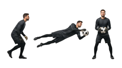 A soccer goalkeeper in a black uniform makes a diving save to catch a ball on transparent background