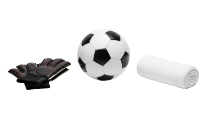 A soccer goalkeeper's essential equipment including gloves, ball, and towel on transparent background
