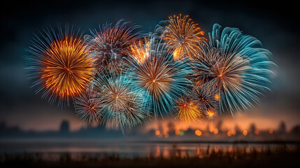 Colorful fireworks exploding over a body of water at night.