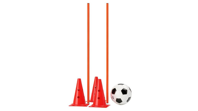 A set of orange cones and poles with a soccer ball on transparent background
