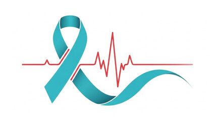 Teal awareness ribbon with electrocardiogram line symbolizing health medical care and disease prevention isolated on white background