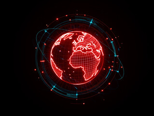 Red digital globe with orbiting blue lines and red dots on black earth world