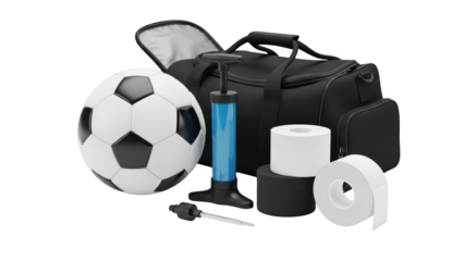 A black sports bag with soccer ball and equipment on transparent background