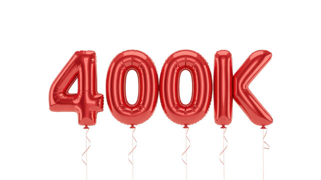 Red balloons in the shape of 400k celebration anniversary isolated on a transparent background