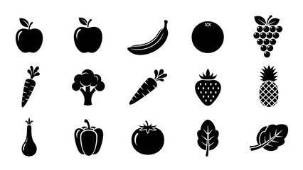 Assorted Fruits and Vegetables Silhouette Icons.