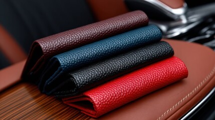 Different colors of wallets placed on a wooden surface in a car interior