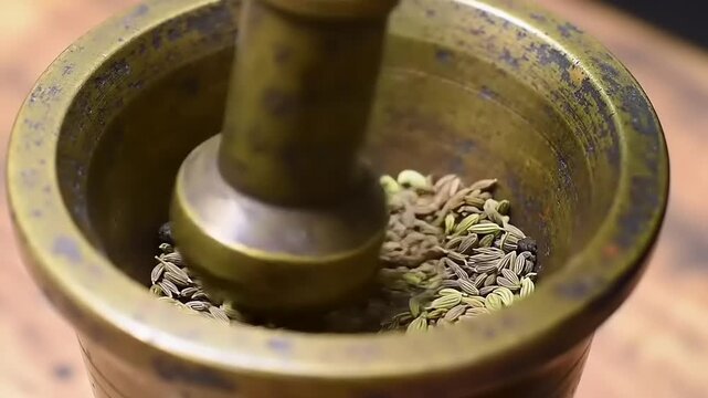 Grinding spices in a mortar closeup.