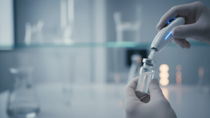 Longevity technology concept with scientist using advanced device to analyze liquid in laboratory setting for medical research