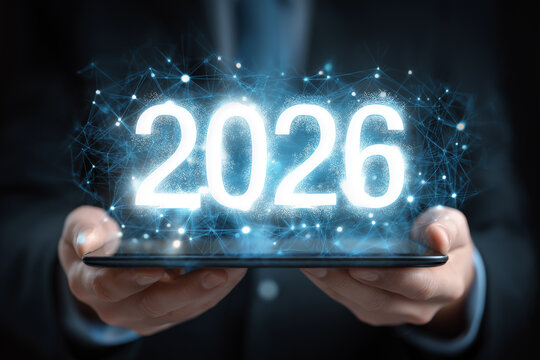 A businessman confidently holds a tablet showing the glowing year 2026, representing innovation Generative AI - Powered by Adobe