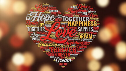 A heart shaped word cloud illustration with love and happiness related words in a romantic blurry background