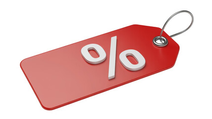 Red discount tag with white percent sign isolated on a transparent background