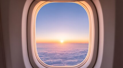 Fototapeta premium Captivating sunrise view from airplane window above the clouds travel photography serene environment aerial perspective