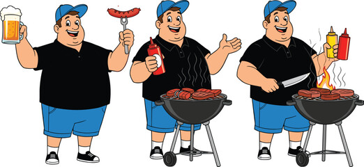 Obraz premium Funny Cartoon Character Grilling Steaks and Sausages on Barbecue with Beer and Condiments for Summer Garden Party and BBQ Events