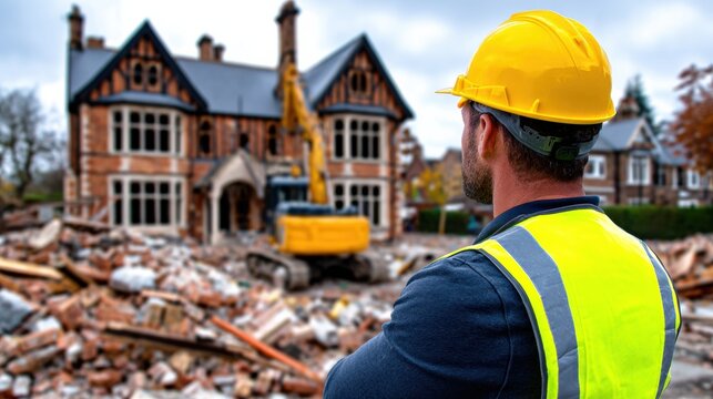 Construction worker oversees building demolition at residential site in suburban area during cloudy day