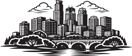 Minneapolis City Skyline Silhouette Black and White Vector Illustration
