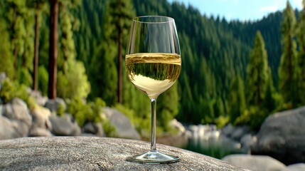 Enjoying a glass of white wine by a river surrounded by tall trees and rocky landscape in the afternoon sun