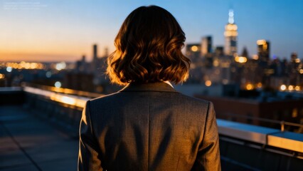 businesswoman back cityscape view concept. Woman in a suit gazing at a city skyline during sunset.