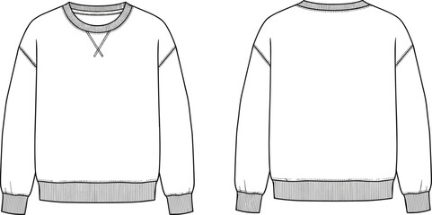 Technical Flat Vector Illustration of a Crew Neck Sweatshirt Template Featuring Ribbed Trim and V-Stitch Detail for Fashion Design Development © Ajmira