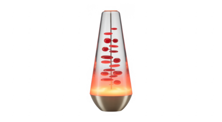 Red lava lamp with glass container and silver base isolated on a transparent background