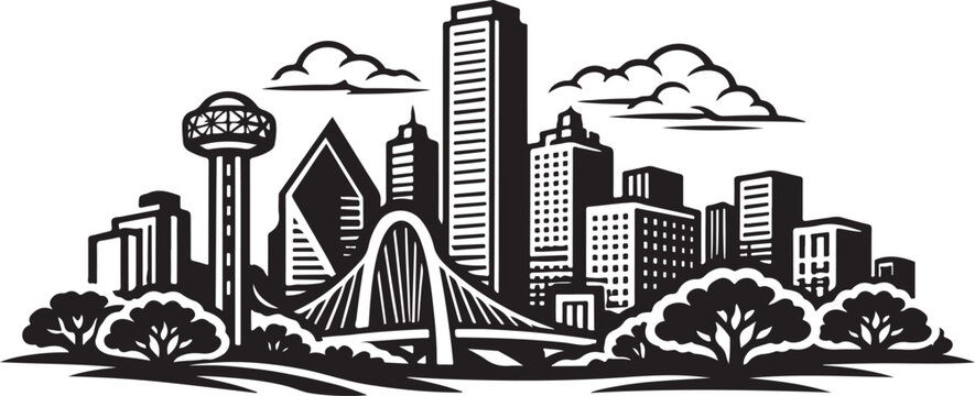 Dallas City Skyline Silhouette Black and White Vector Illustration