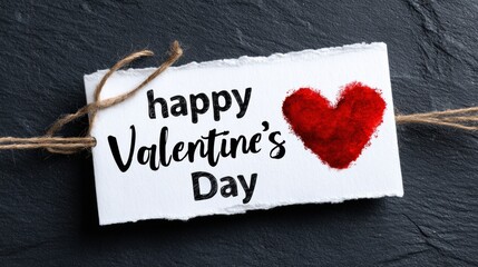 Happy Valentine's Day sign with a red heart and twine on a dark stone background