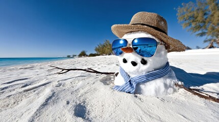 Naklejka premium Snowman on a beach by the ocean wearing sunglasses and a hat during a sunny day in a tropical location