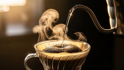Close up of hot steaming water being poured from a gooseneck kettle into a glass pour over coffee maker with dark roasted coffee grounds brewing in a filter with aroma