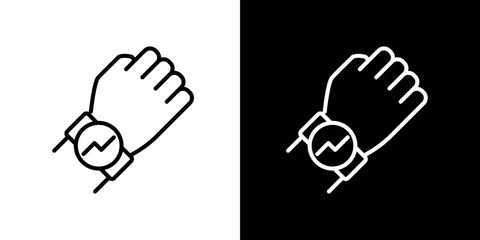 Obraz premium Line icon hand with modern smartwatch showing pulse symbol. Ideal for health monitoring, fitness tracking, and wearable digital technology