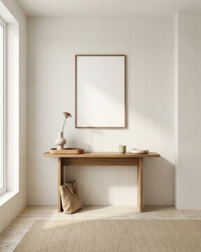 Blank frame mockup above console table in minimalist entryway interior