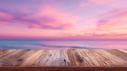 Serene Sunset Over Ocean with Weathered Wooden Table Foreground